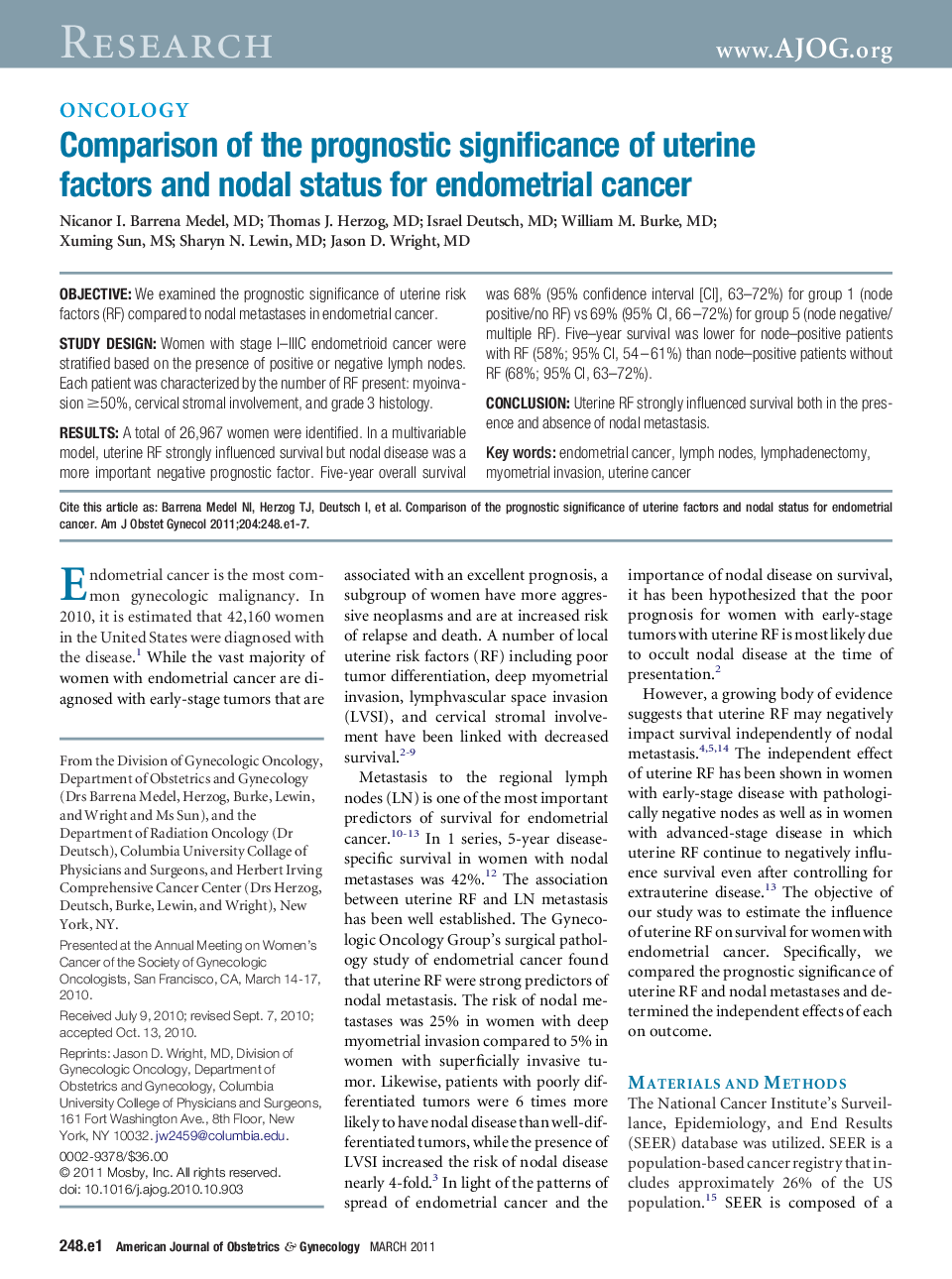 Comparison of the prognostic significance of uterine factors and nodal status for endometrial cancer