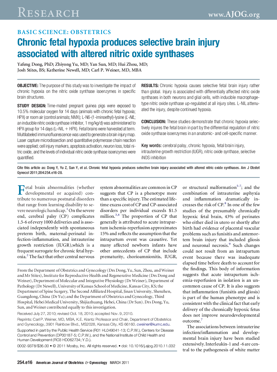 Chronic fetal hypoxia produces selective brain injury associated with altered nitric oxide synthases