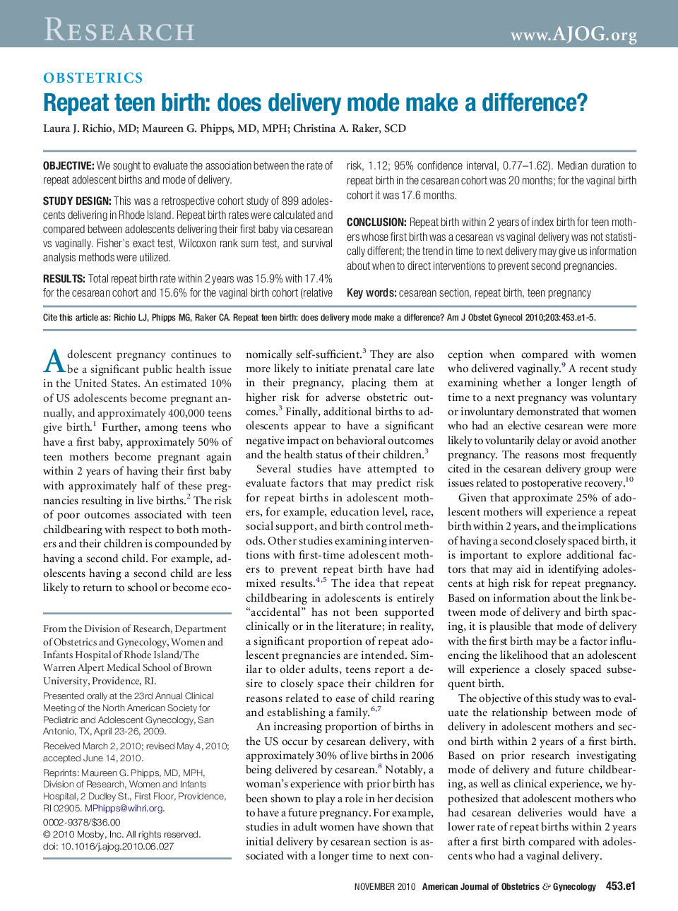 Repeat teen birth: does delivery mode make a difference?