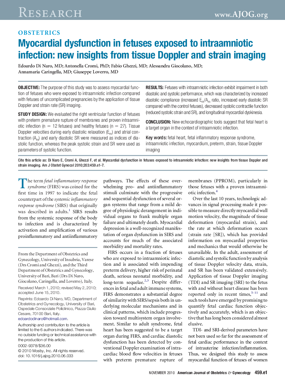 Myocardial dysfunction in fetuses exposed to intraamniotic infection: new insights from tissue Doppler and strain imaging