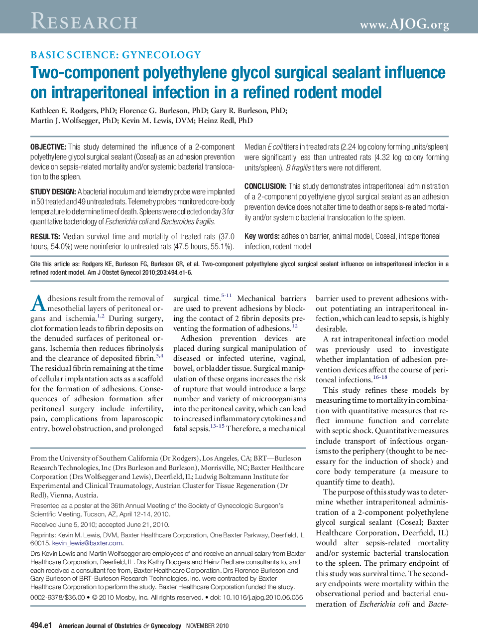 Two-component polyethylene glycol surgical sealant influence on intraperitoneal infection in a refined rodent model