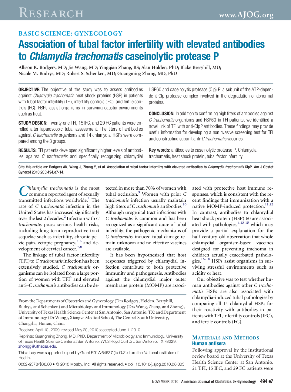 Association of tubal factor infertility with elevated antibodies to Chlamydia trachomatis caseinolytic protease P