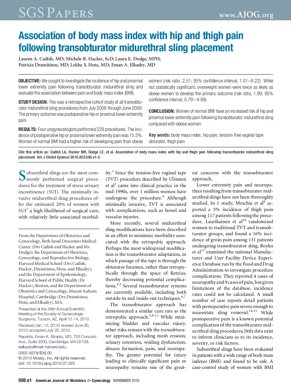 Association of body mass index with hip and thigh pain following transobturator midurethral sling placement