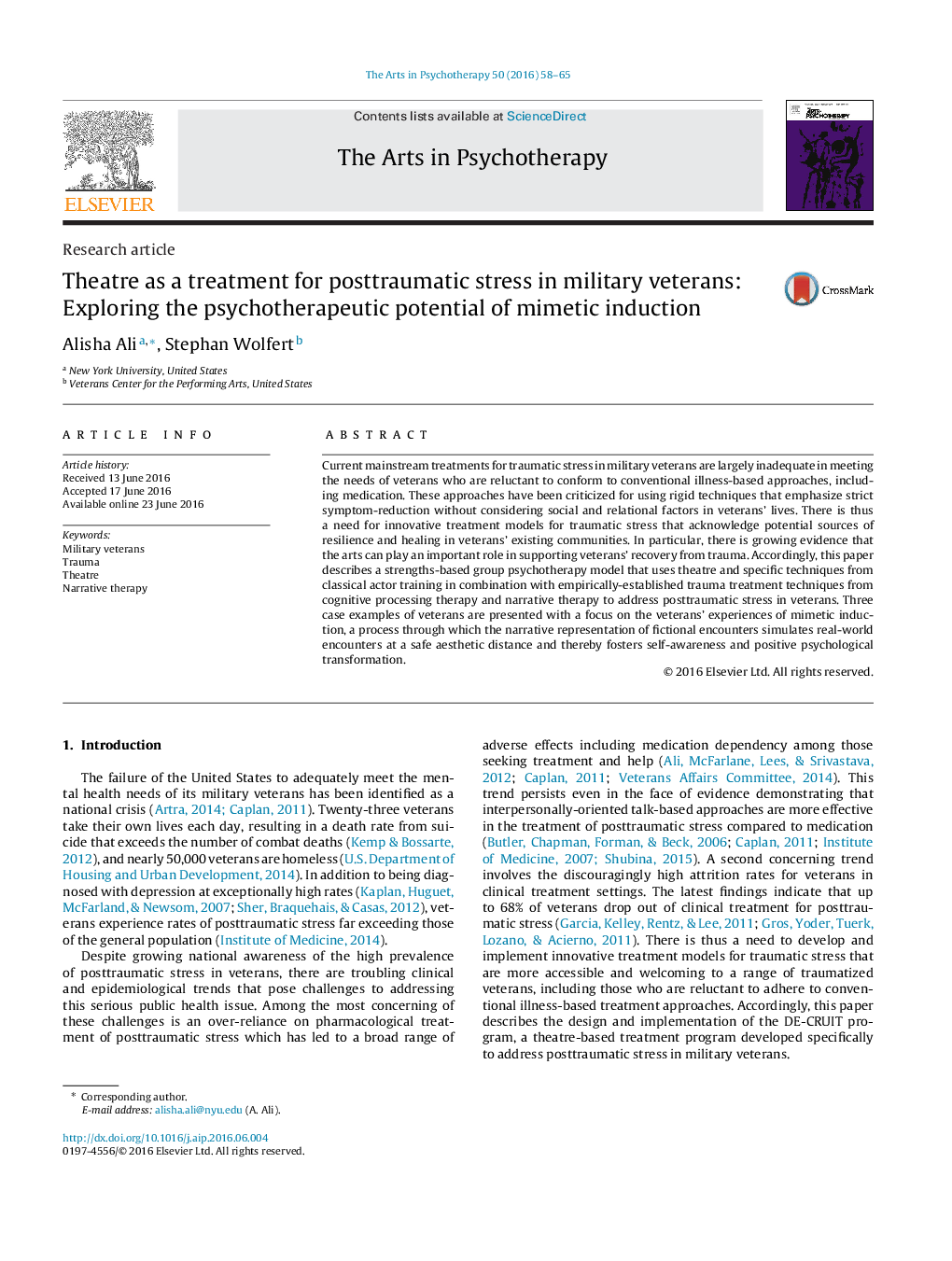 Theatre as a treatment for posttraumatic stress in military veterans: Exploring the psychotherapeutic potential of mimetic induction