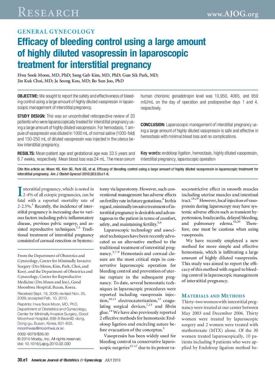 Efficacy of bleeding control using a large amount of highly diluted vasopressin in laparoscopic treatment for interstitial pregnancy