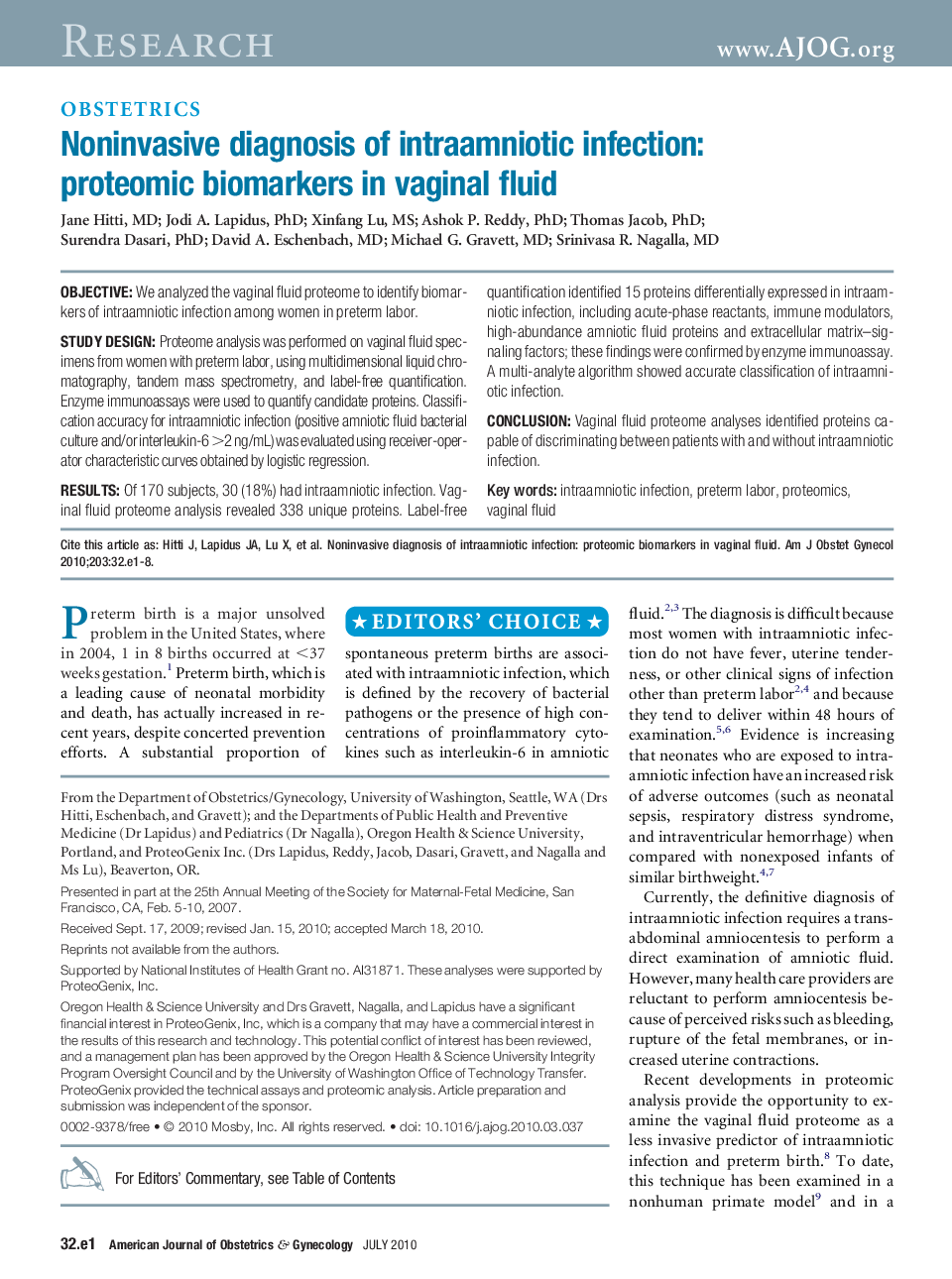 Noninvasive diagnosis of intraamniotic infection: proteomic biomarkers in vaginal fluid