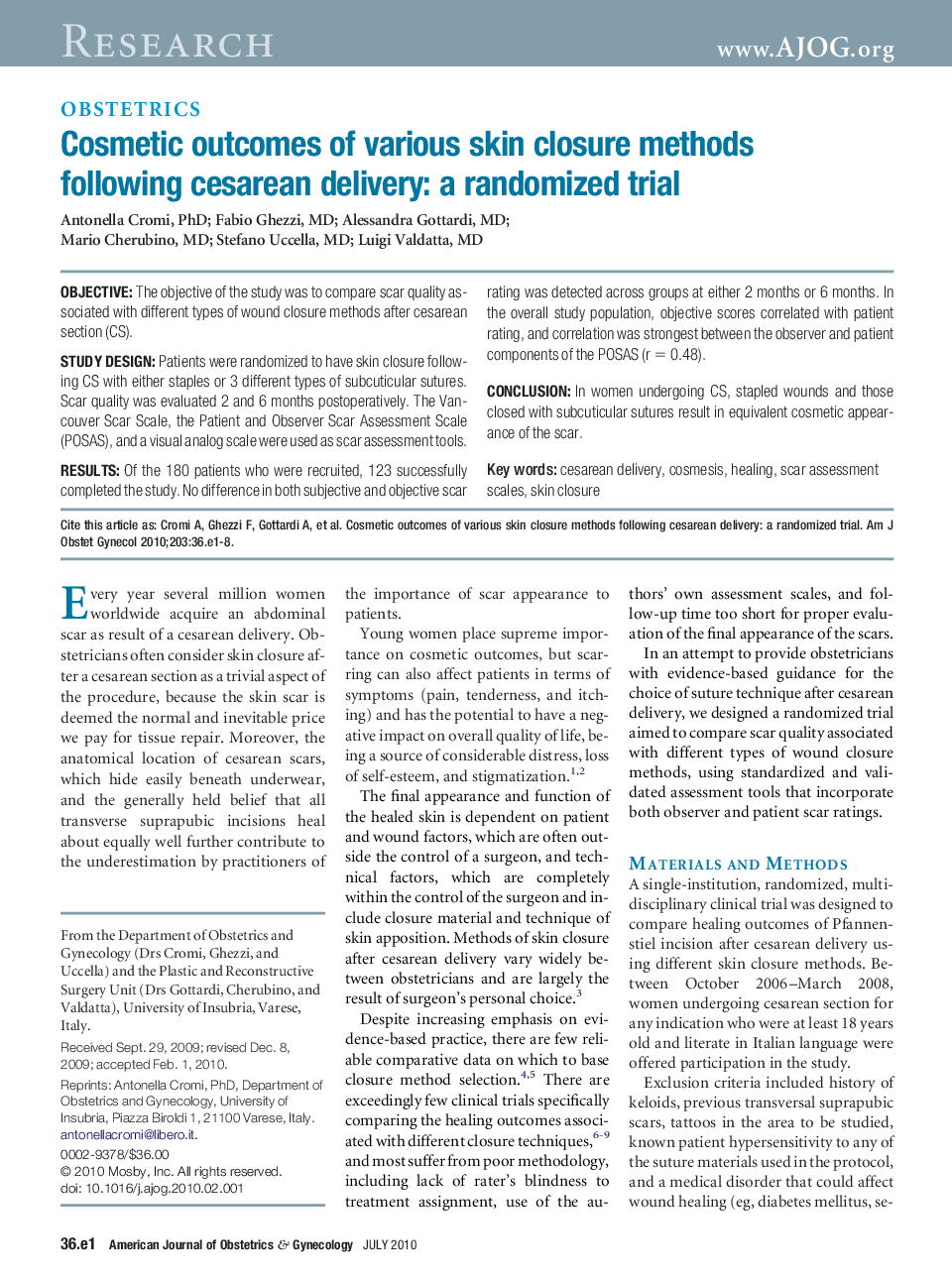 Cosmetic outcomes of various skin closure methods following cesarean delivery: a randomized trial