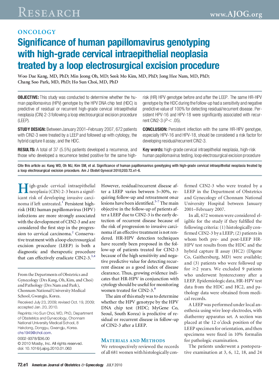 Significance of human papillomavirus genotyping with high-grade cervical intraepithelial neoplasia treated by a loop electrosurgical excision procedure