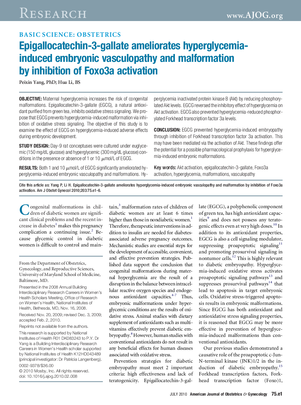 Epigallocatechin-3-gallate ameliorates hyperglycemia-induced embryonic vasculopathy and malformation by inhibition of Foxo3a activation