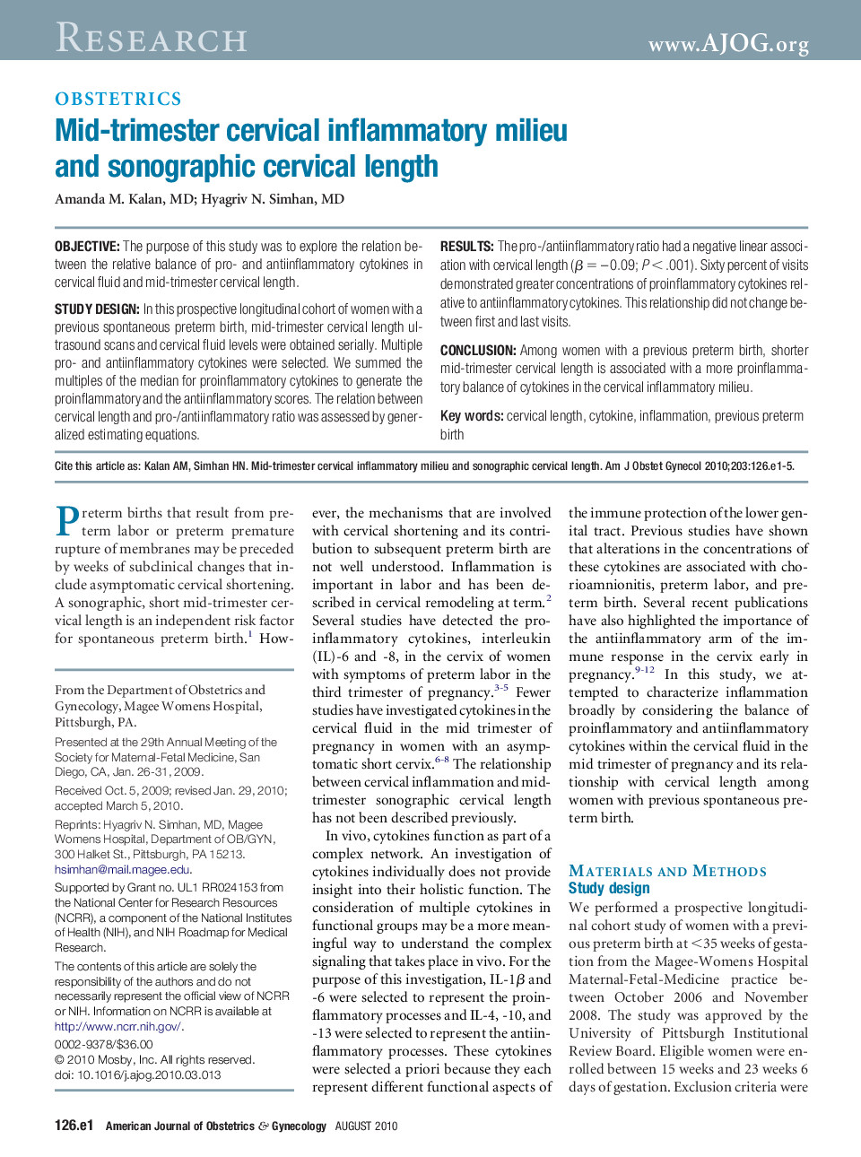 Mid-trimester cervical inflammatory milieu and sonographic cervical length