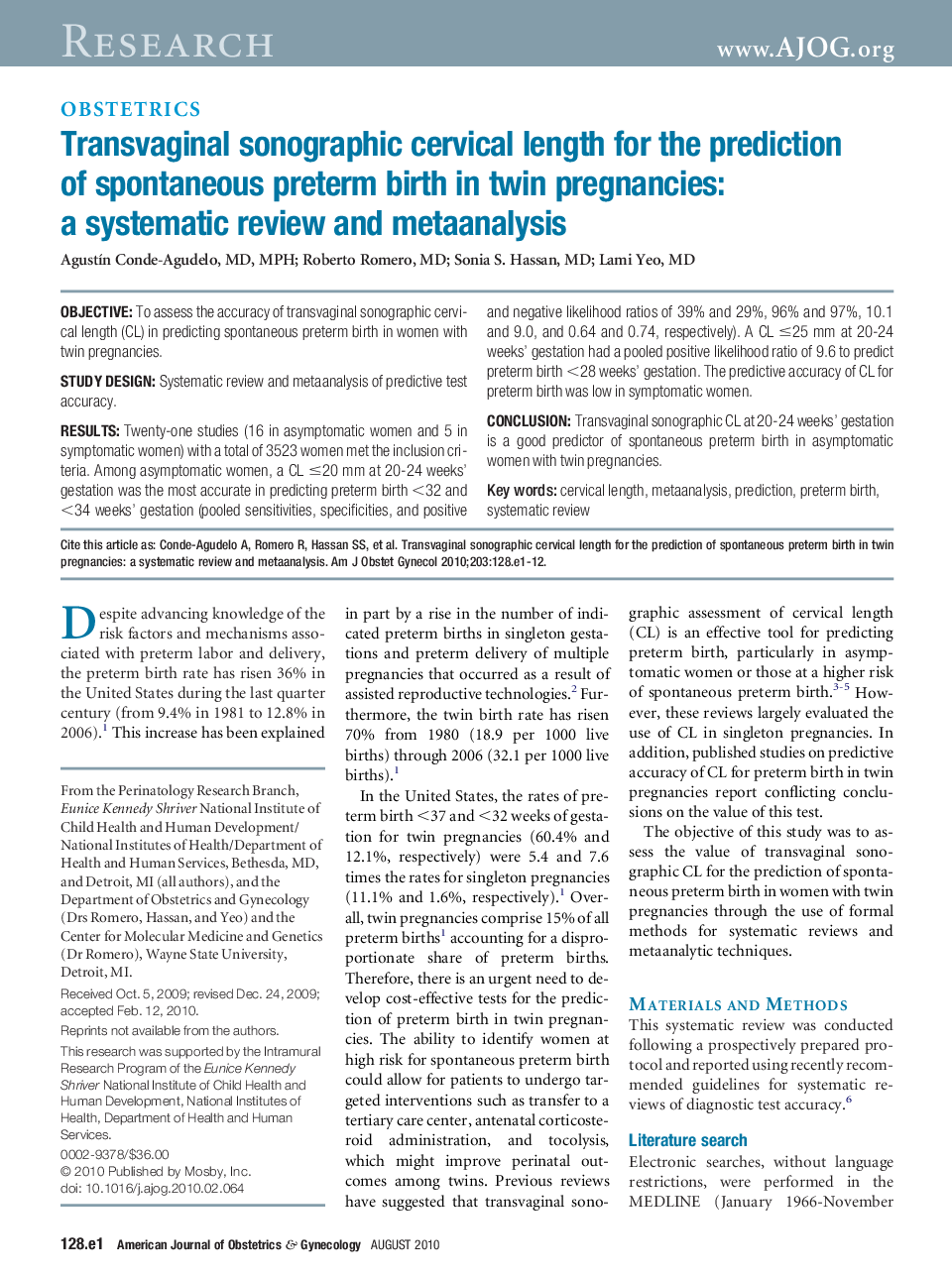 Transvaginal sonographic cervical length for the prediction of spontaneous preterm birth in twin pregnancies: a systematic review and metaanalysis