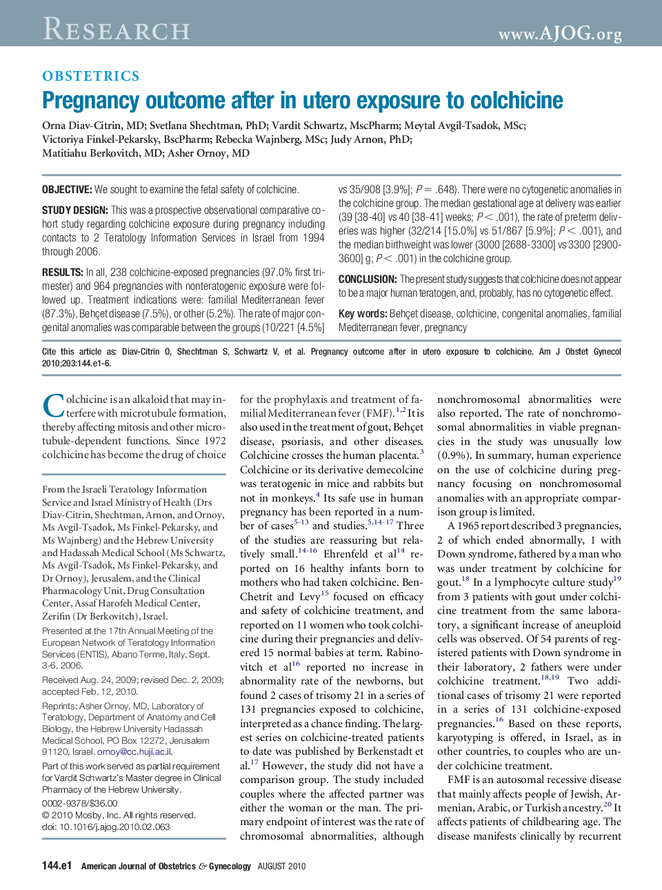 Pregnancy outcome after in utero exposure to colchicine