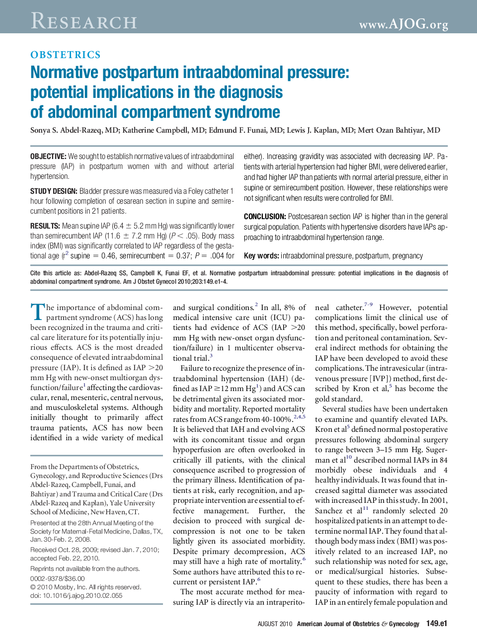 Normative postpartum intraabdominal pressure: potential implications in the diagnosis of abdominal compartment syndrome