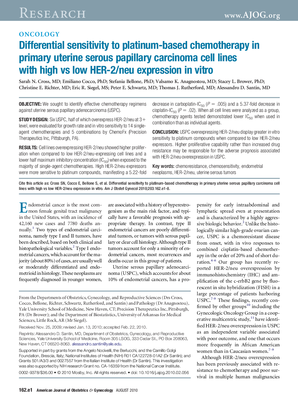 Differential sensitivity to platinum-based chemotherapy in primary uterine serous papillary carcinoma cell lines with high vs low HER-2/neu expression in vitro