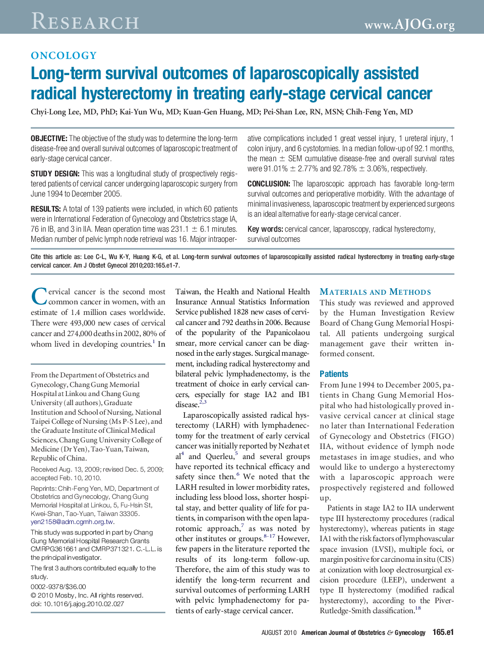 Long-term survival outcomes of laparoscopically assisted radical hysterectomy in treating early-stage cervical cancer
