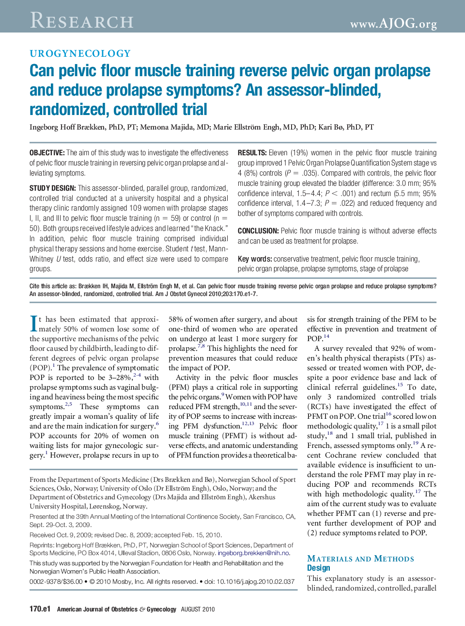 Can pelvic floor muscle training reverse pelvic organ prolapse and reduce prolapse symptoms? An assessor-blinded, randomized, controlled trial