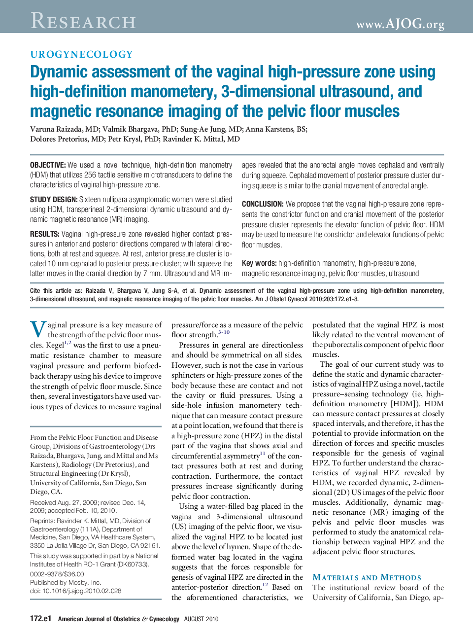 Dynamic assessment of the vaginal high-pressure zone using high-definition manometery, 3-dimensional ultrasound, and magnetic resonance imaging of the pelvic floor muscles