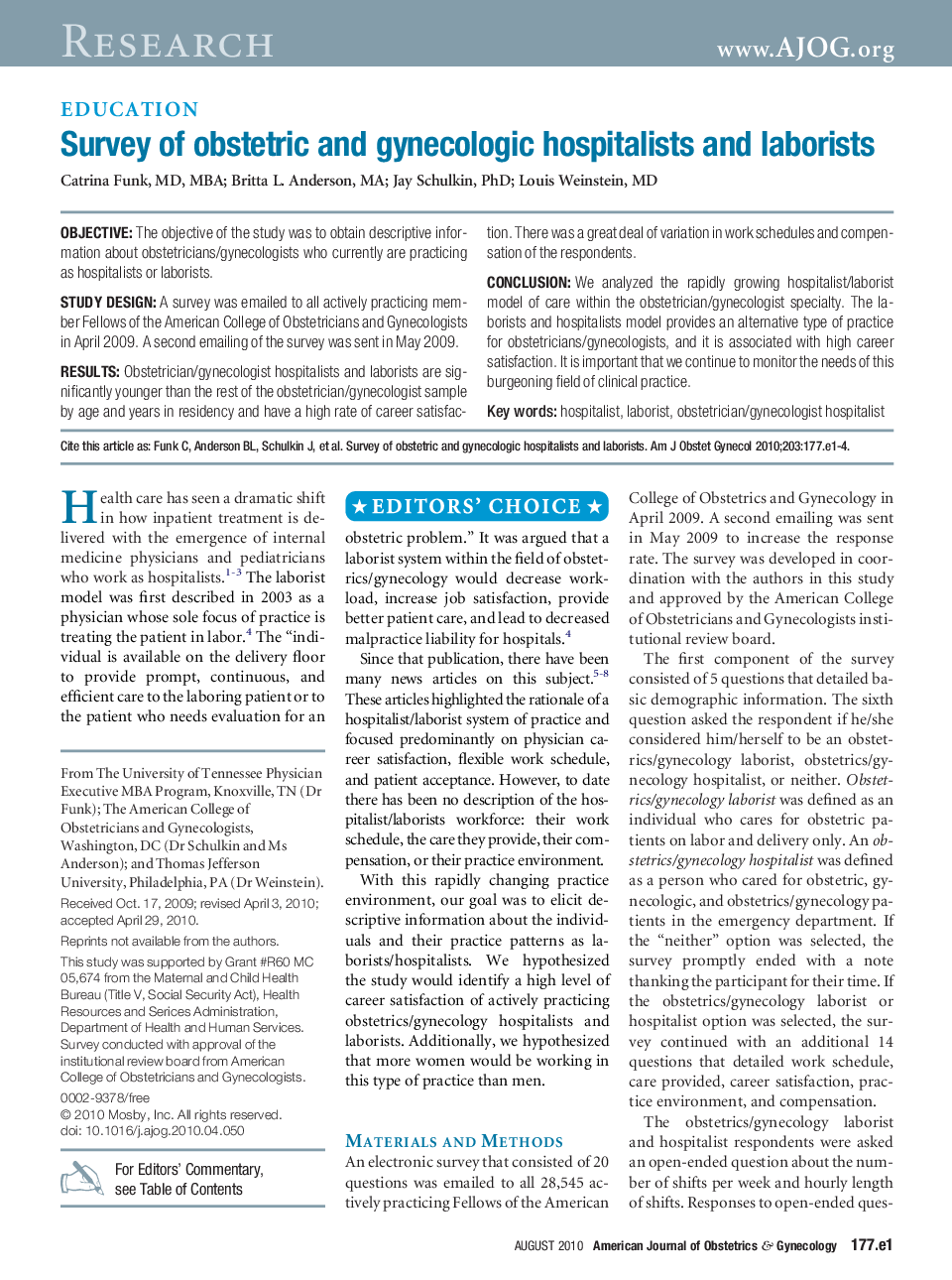 Survey of obstetric and gynecologic hospitalists and laborists