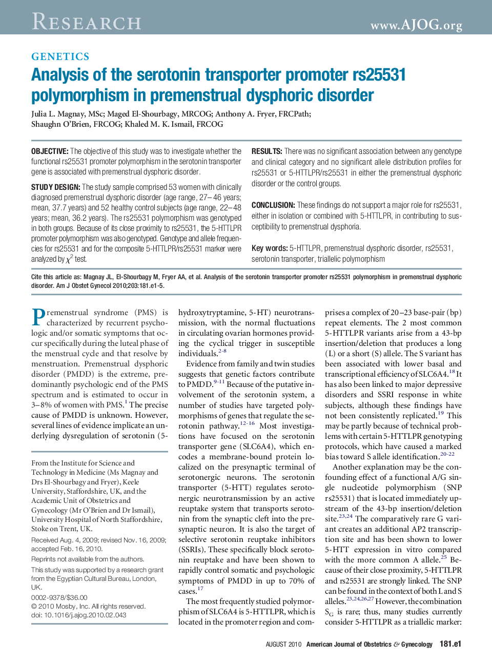 Analysis of the serotonin transporter promoter rs25531 polymorphism in premenstrual dysphoric disorder