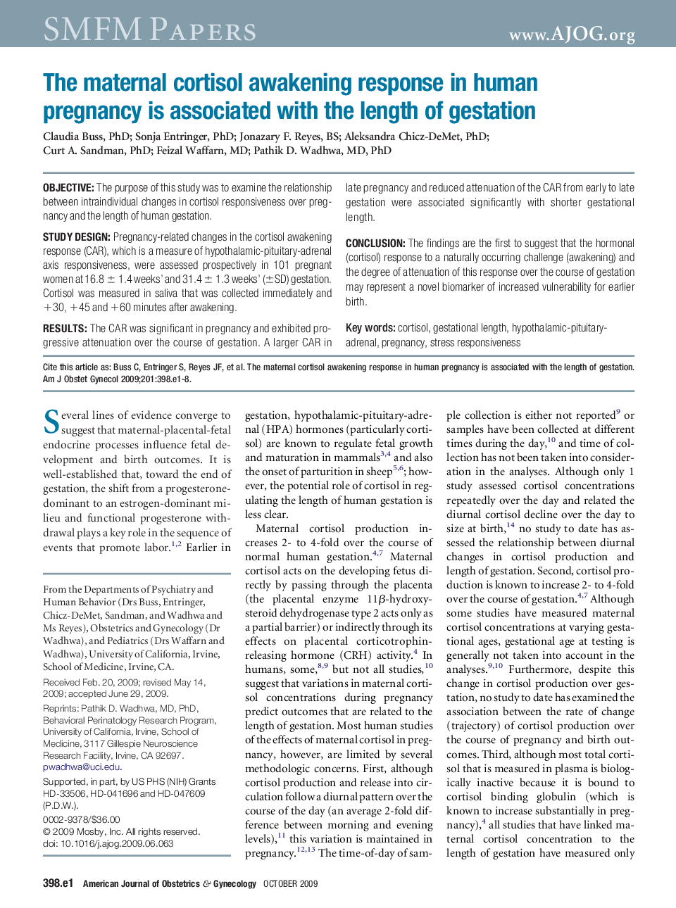 The maternal cortisol awakening response in human pregnancy is associated with the length of gestation