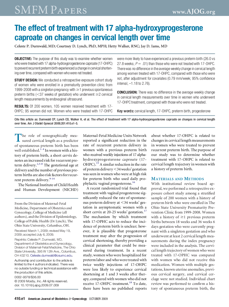 The effect of treatment with 17 alpha-hydroxyprogesterone caproate on changes in cervical length over time