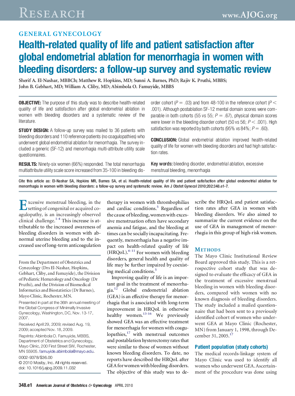 Health-related quality of life and patient satisfaction after global endometrial ablation for menorrhagia in women with bleeding disorders: a follow-up survey and systematic review