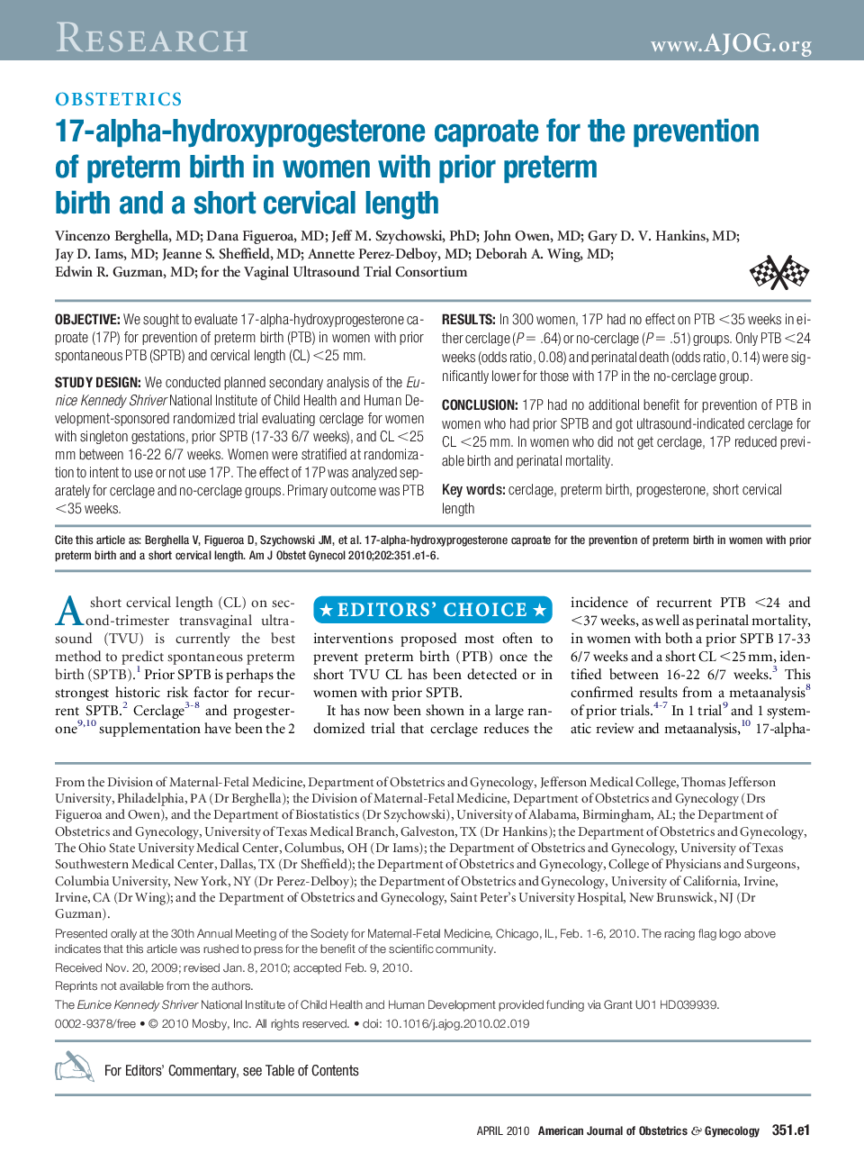 17-alpha-hydroxyprogesterone caproate for the prevention of preterm birth in women with prior preterm birth and a short cervical length