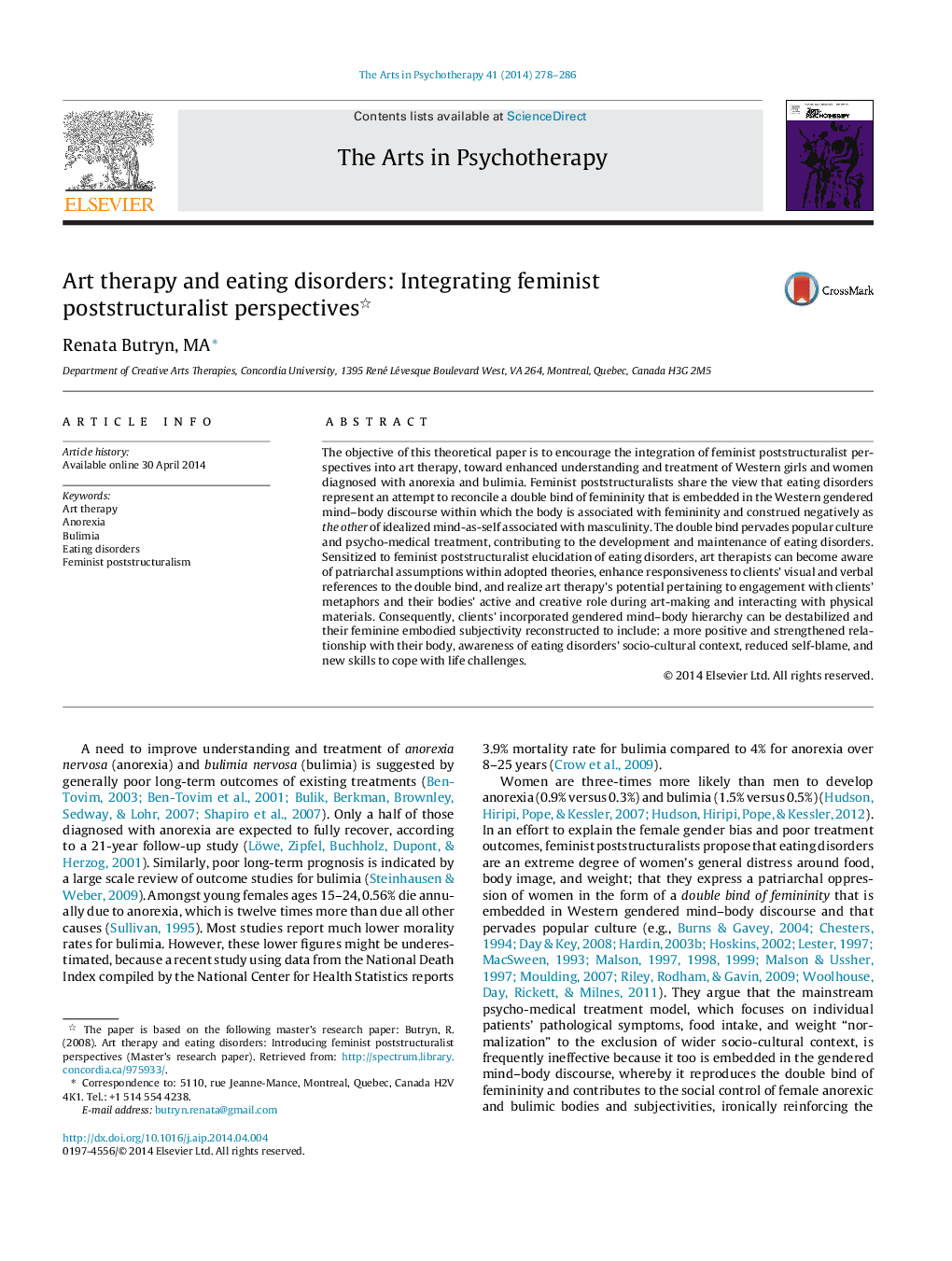 Art therapy and eating disorders: Integrating feminist poststructuralist perspectives 