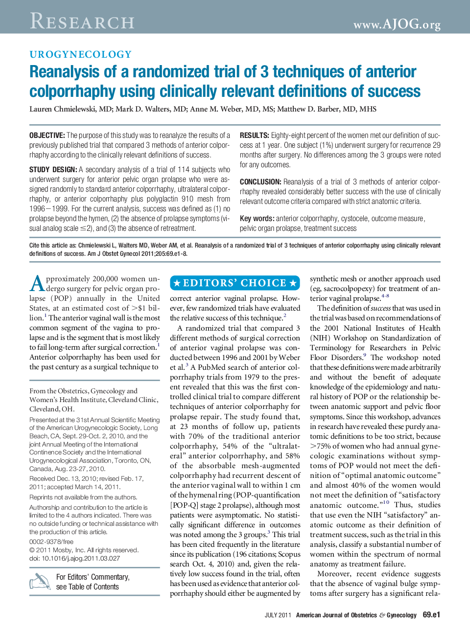 Reanalysis of a randomized trial of 3 techniques of anterior colporrhaphy using clinically relevant definitions of success