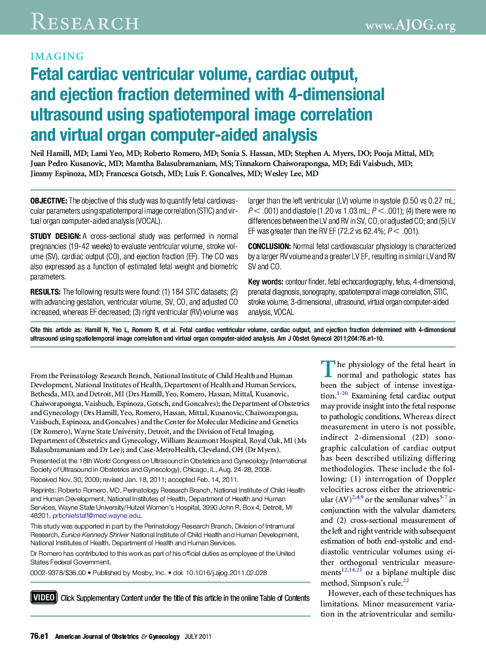 Fetal cardiac ventricular volume, cardiac output, and ejection fraction determined with 4-dimensional ultrasound using spatiotemporal image correlation and virtual organ computer-aided analysis