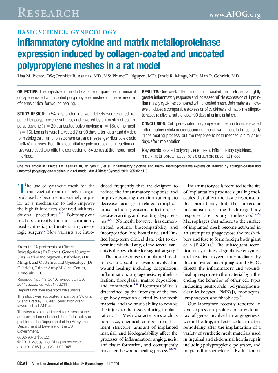 Inflammatory cytokine and matrix metalloproteinase expression induced by collagen-coated and uncoated polypropylene meshes in a rat model