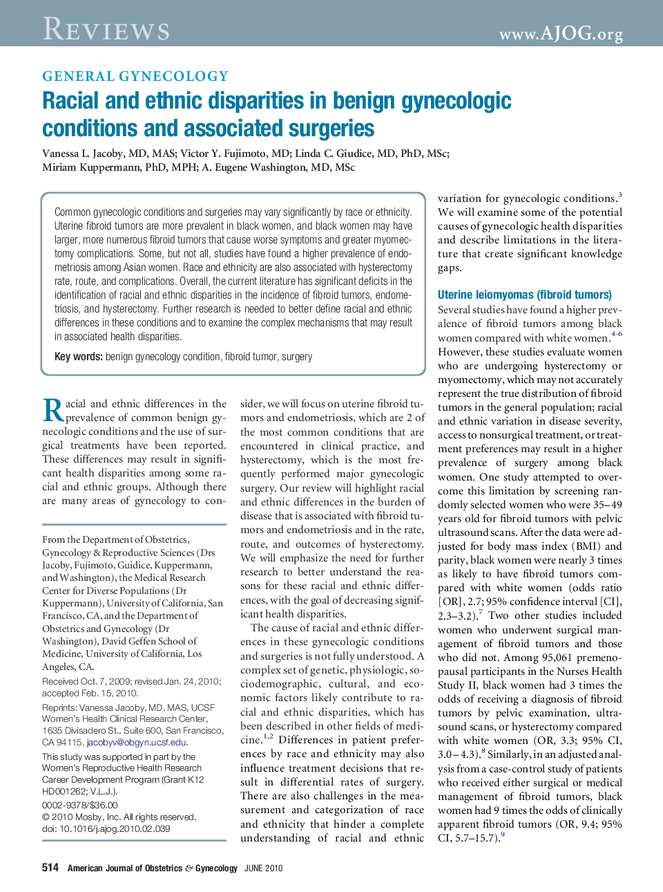 Racial and ethnic disparities in benign gynecologic conditions and associated surgeries 