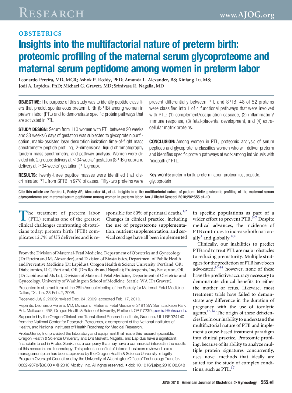 Insights into the multifactorial nature of preterm birth: proteomic profiling of the maternal serum glycoproteome and maternal serum peptidome among women in preterm labor