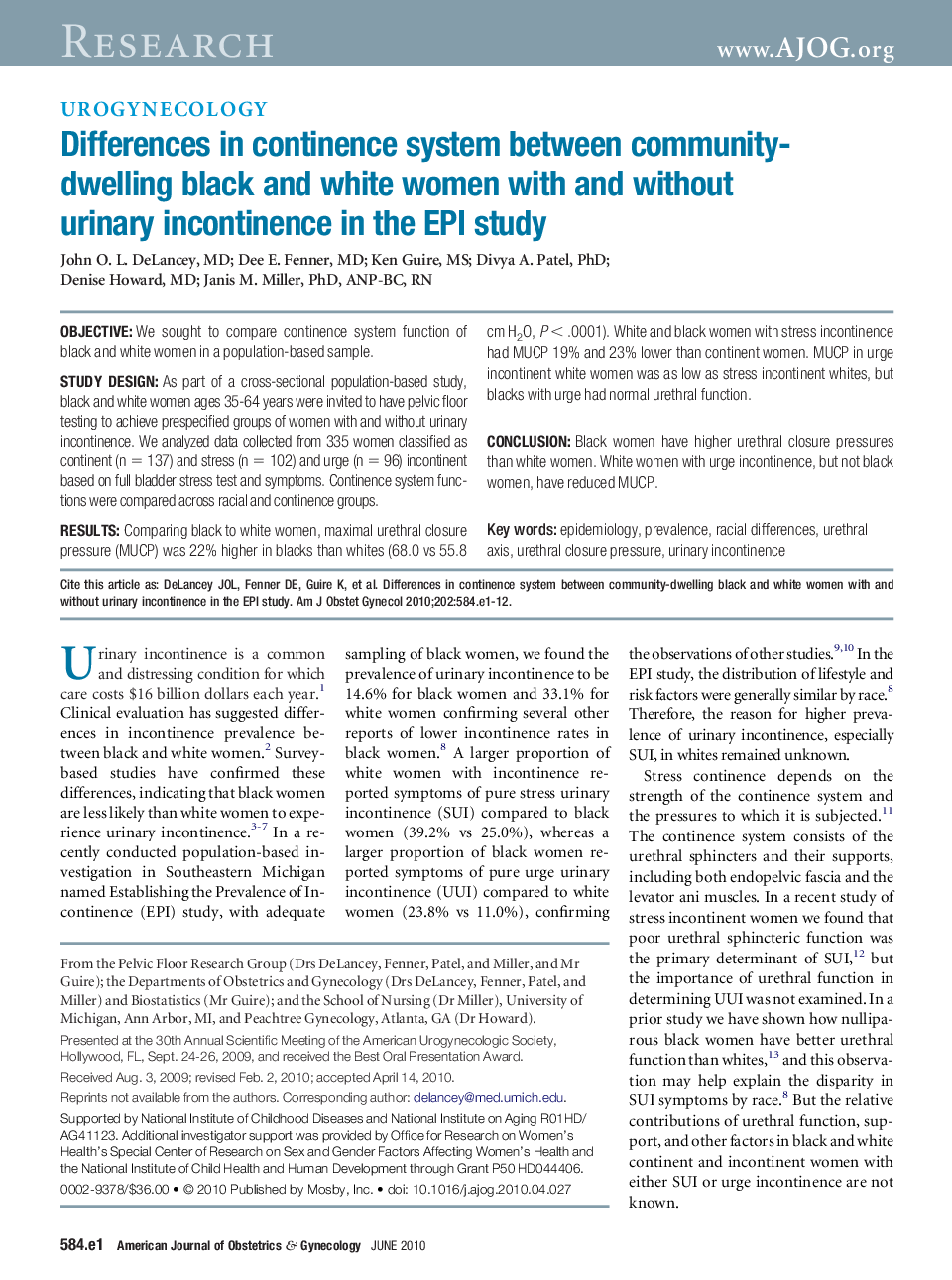 Differences in continence system between community-dwelling black and white women with and without urinary incontinence in the EPI study