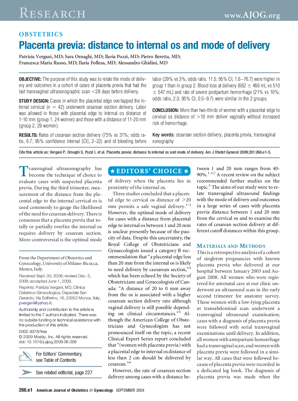 Placenta previa: distance to internal os and mode of delivery