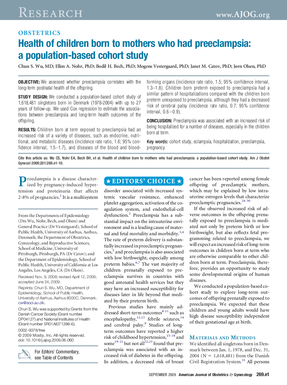 Health of children born to mothers who had preeclampsia: a population-based cohort study