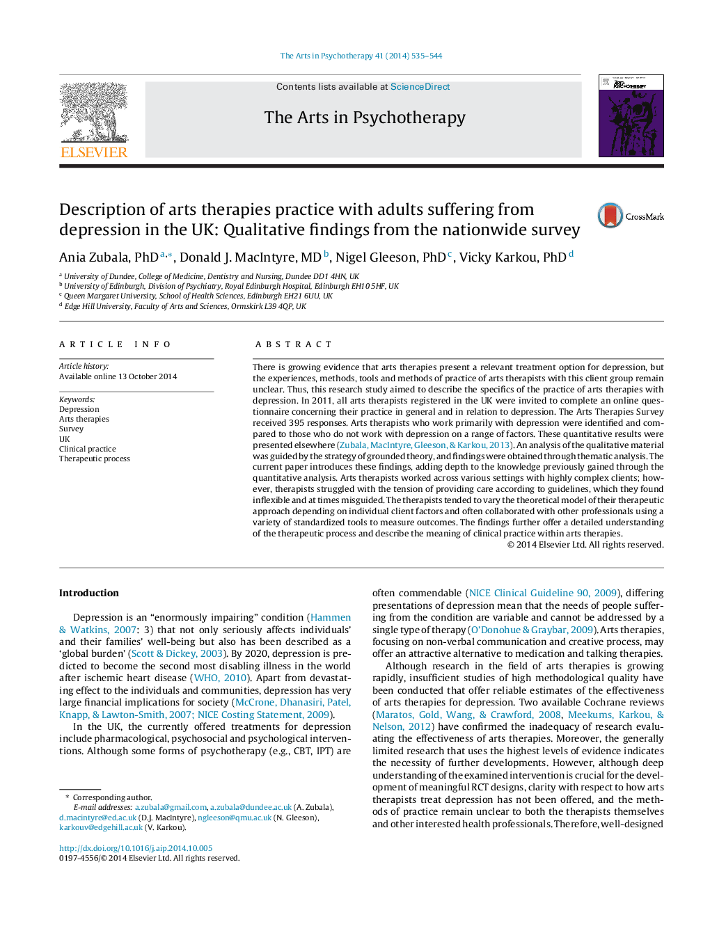 Description of arts therapies practice with adults suffering from depression in the UK: Qualitative findings from the nationwide survey