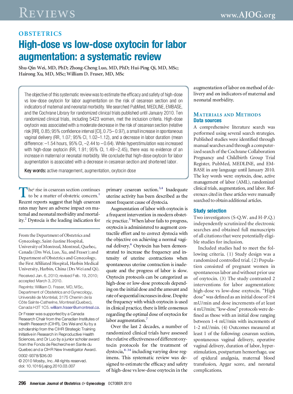 High-dose vs low-dose oxytocin for labor augmentation: a systematic review 