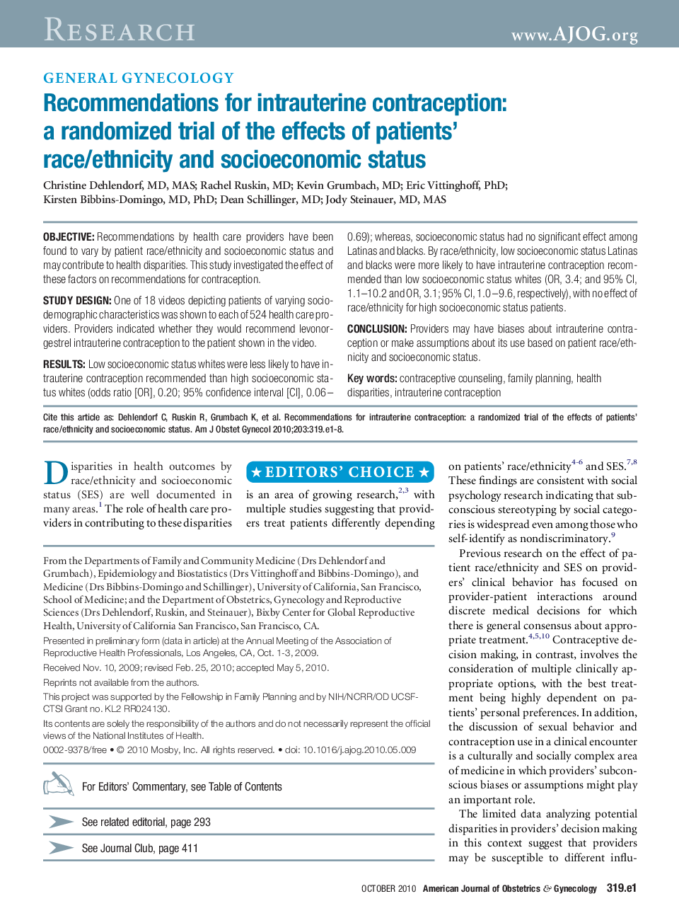 Recommendations for intrauterine contraception: a randomized trial of the effects of patients' race/ethnicity and socioeconomic status