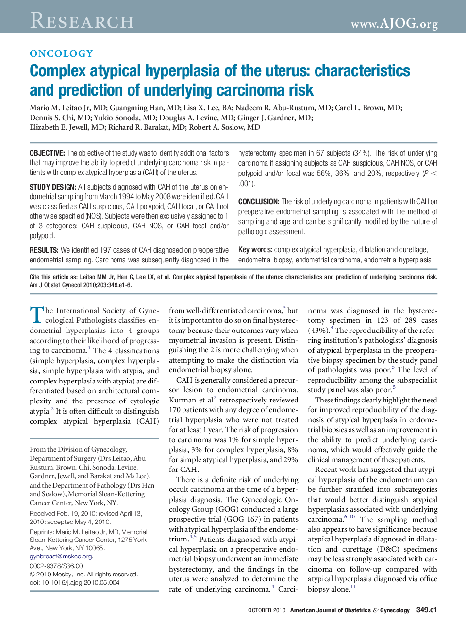 Complex atypical hyperplasia of the uterus: characteristics and prediction of underlying carcinoma risk