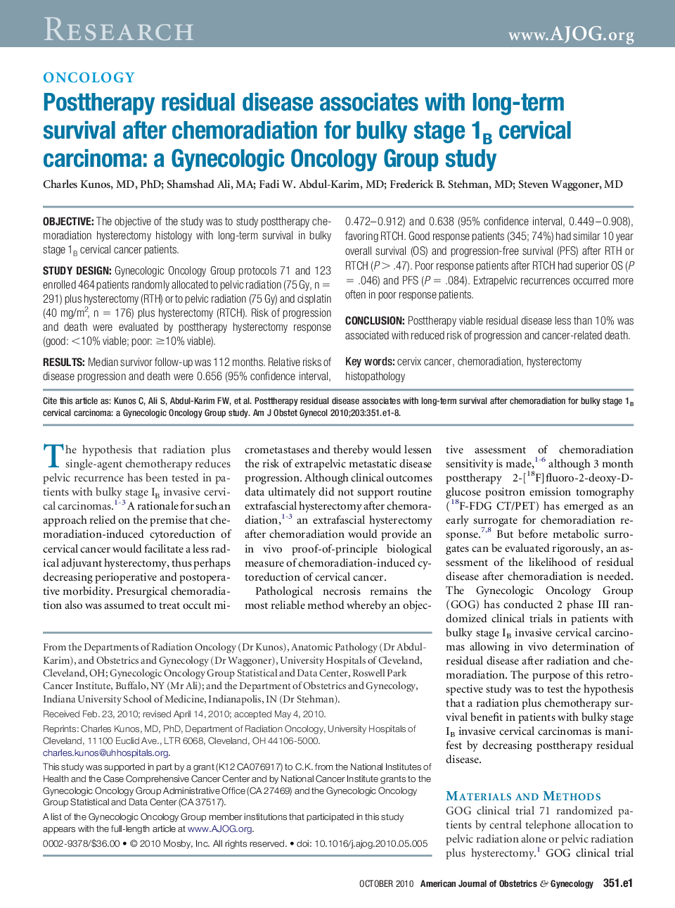 Posttherapy residual disease associates with long-term survival after chemoradiation for bulky stage 1B cervical carcinoma: a Gynecologic Oncology Group study