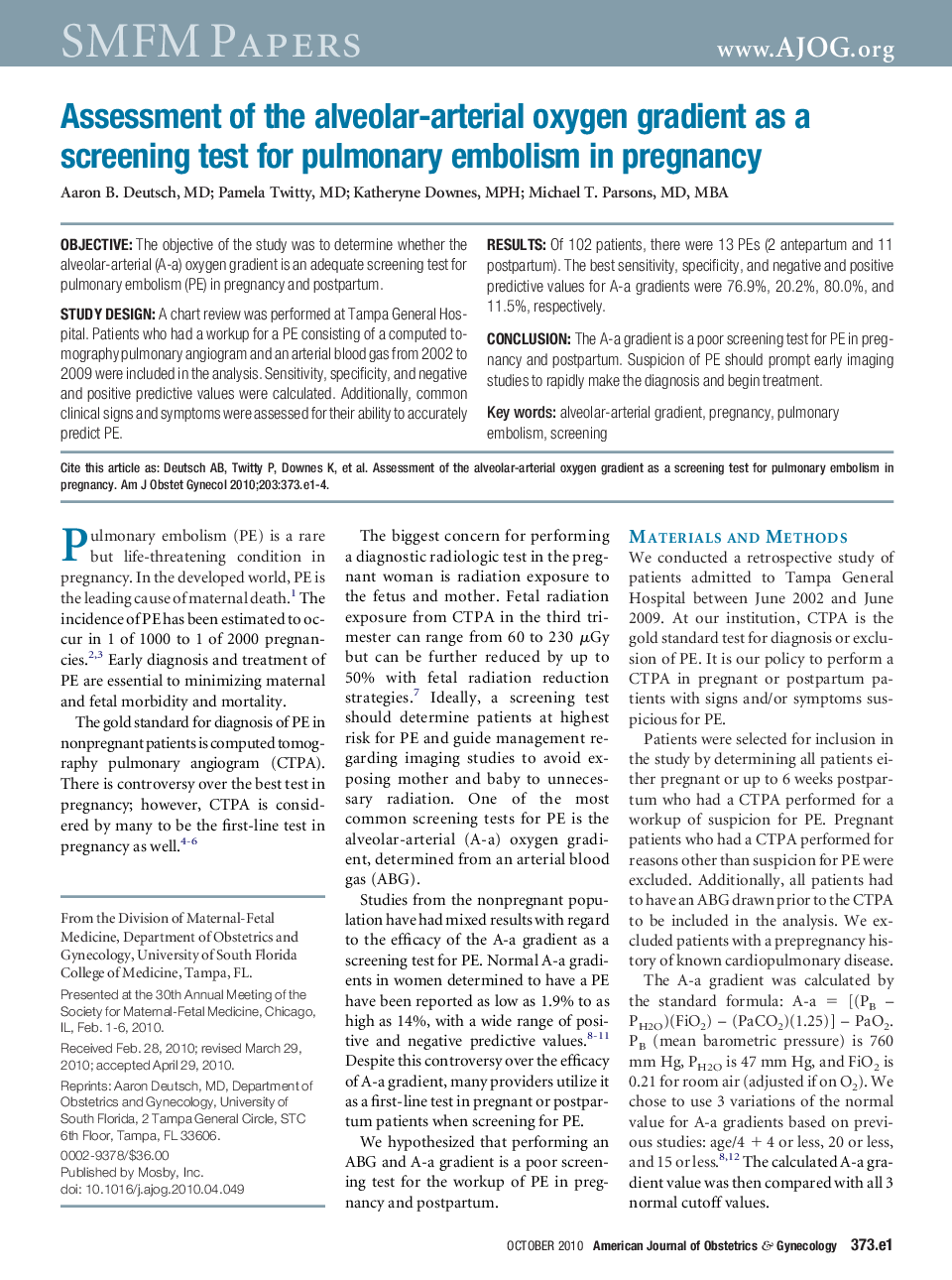 Assessment of the alveolar-arterial oxygen gradient as a screening test for pulmonary embolism in pregnancy