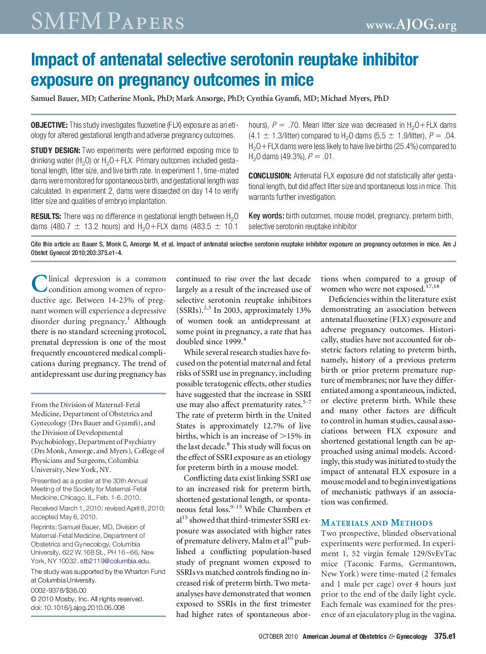 Impact of antenatal selective serotonin reuptake inhibitor exposure on pregnancy outcomes in mice