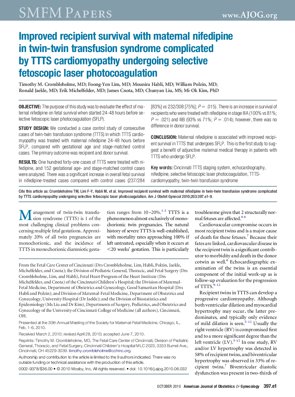 Improved recipient survival with maternal nifedipine in twin-twin transfusion syndrome complicated by TTTS cardiomyopathy undergoing selective fetoscopic laser photocoagulation