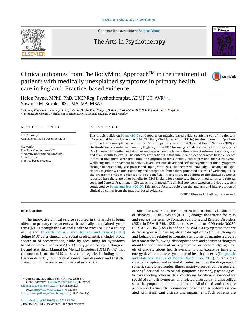 Clinical outcomes from The BodyMind Approach™ in the treatment of patients with medically unexplained symptoms in primary health care in England: Practice-based evidence