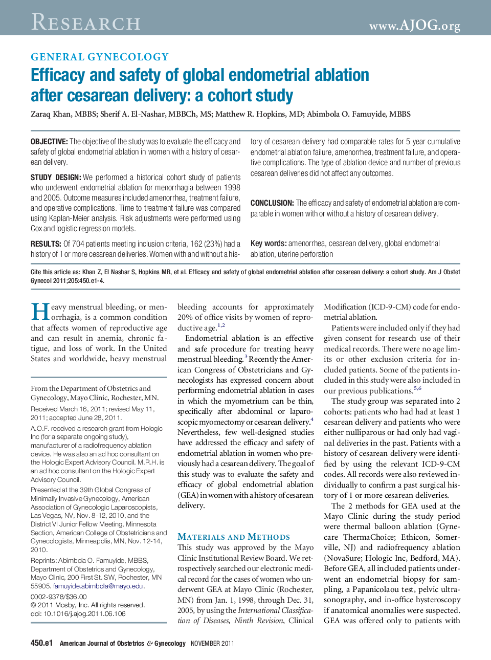 Efficacy and safety of global endometrial ablation after cesarean delivery: a cohort study