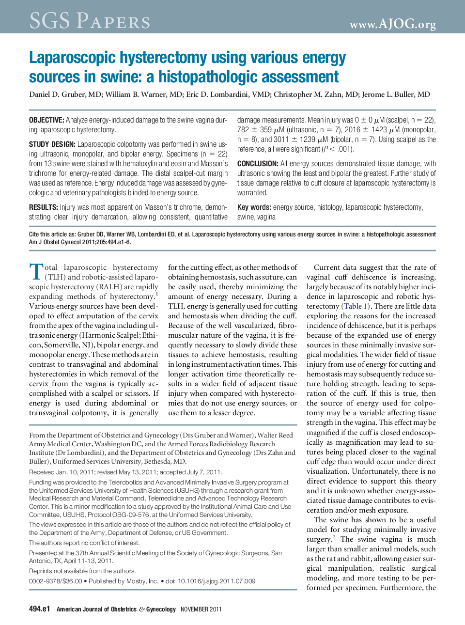 Laparoscopic hysterectomy using various energy sources in swine: a histopathologic assessment