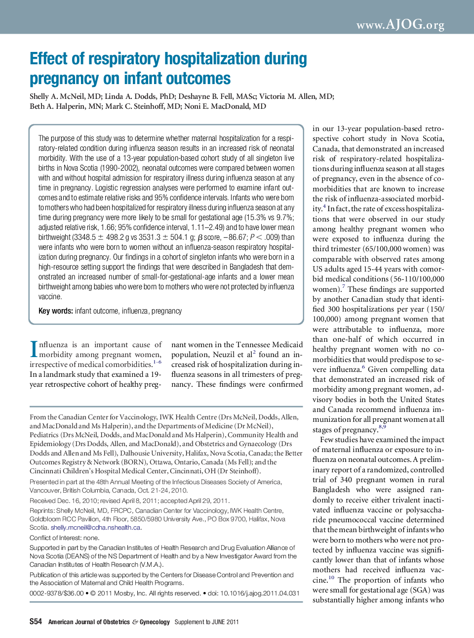 Effect of respiratory hospitalization during pregnancy on infant outcomes 