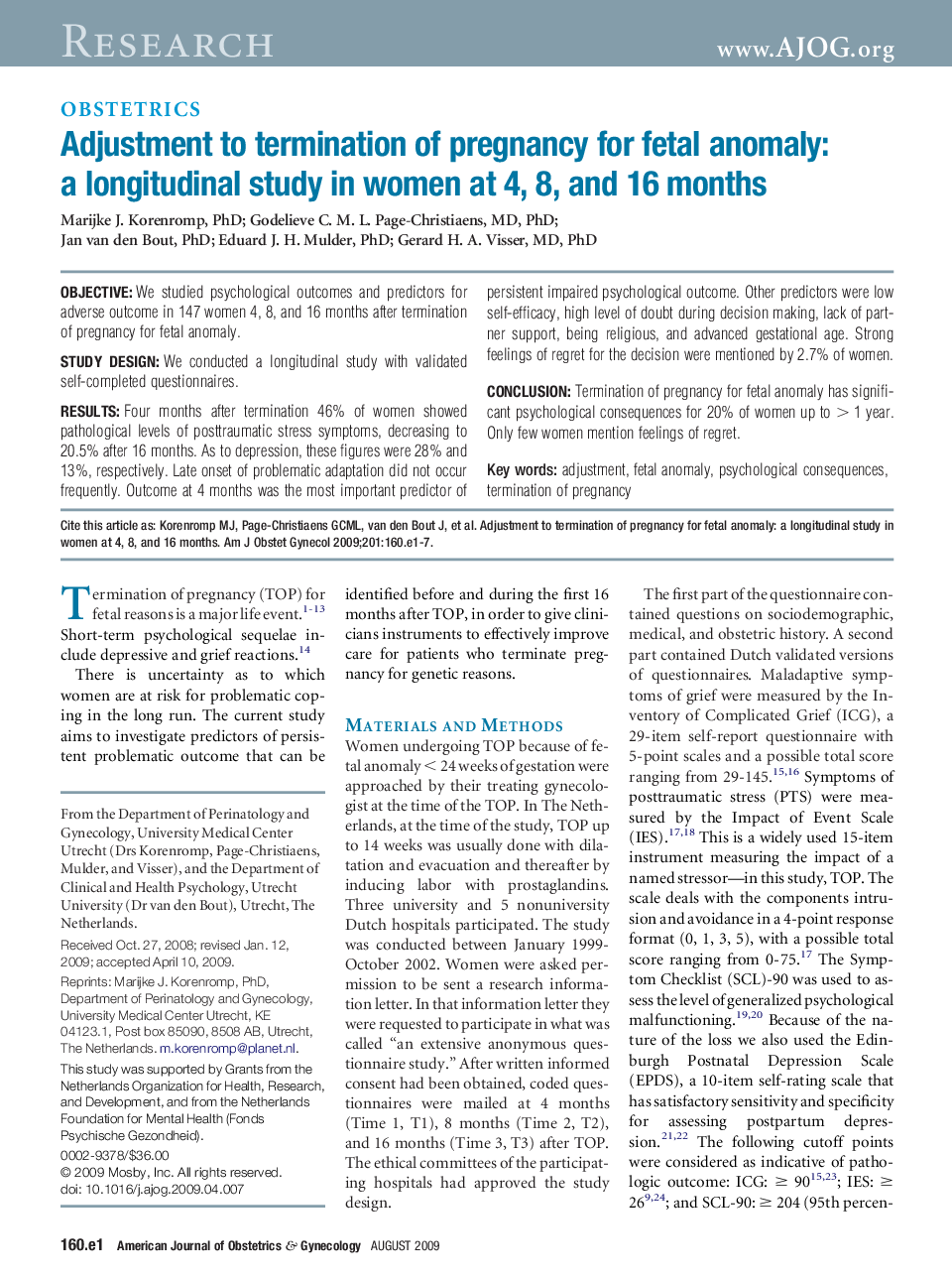 Adjustment to termination of pregnancy for fetal anomaly: a longitudinal study in women at 4, 8, and 16 months