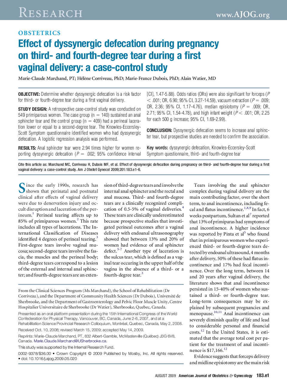 Effect of dyssynergic defecation during pregnancy on third- and fourth-degree tear during a first vaginal delivery: a case-control study